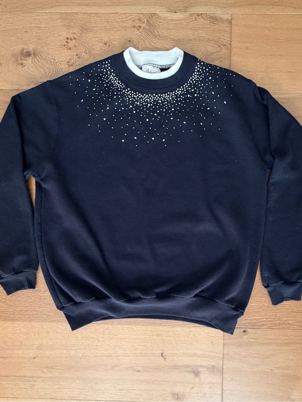 VTG 90s Top Stitch Rhinestone Studded Sweatshirt Black White Double Collar L